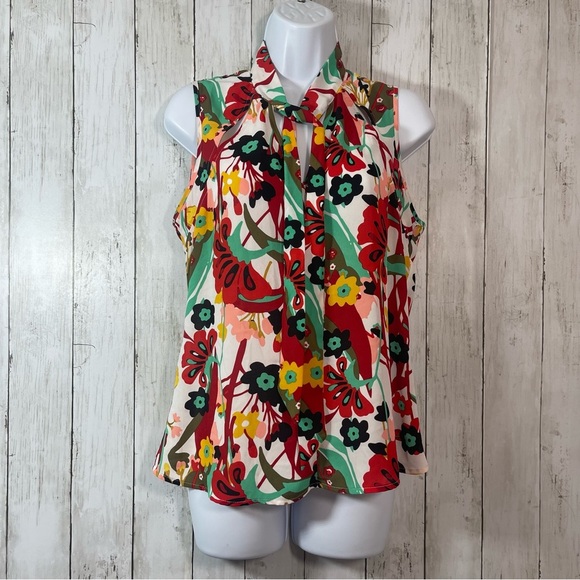 New York & Company Tie at Neck Floral Sleeveless Blouse Small - Picture 11 of 11